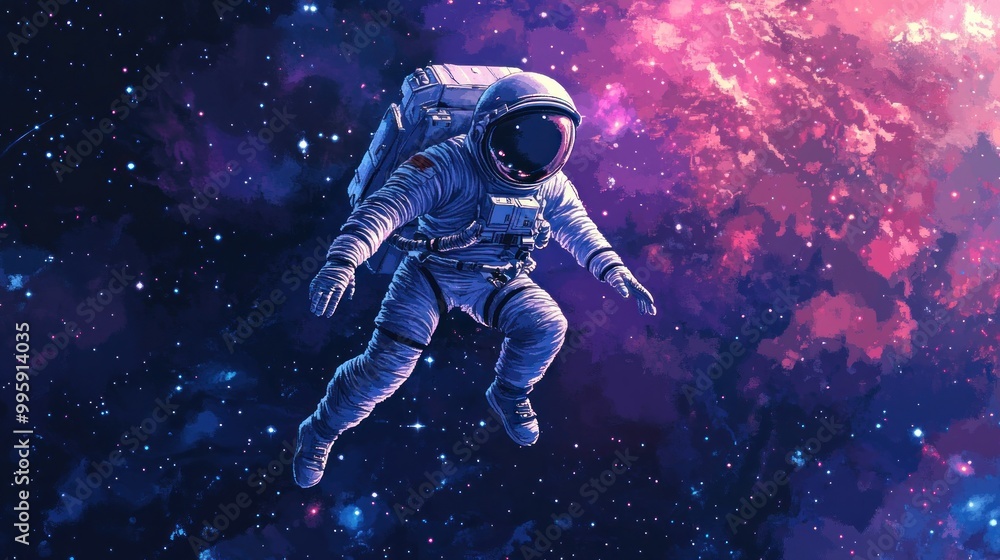 Fototapeta premium A lone astronaut floats in space against a backdrop of stars and a nebula.
