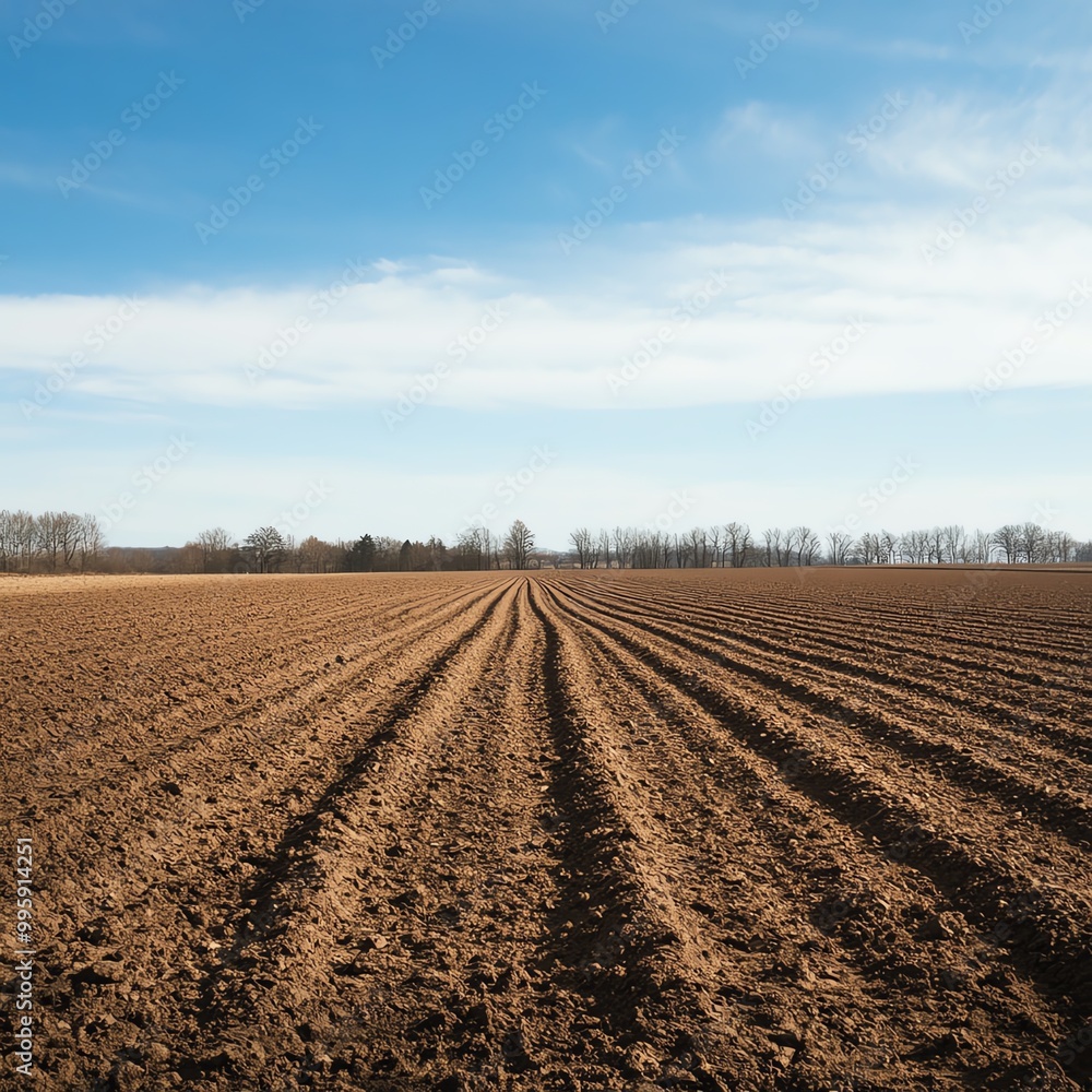 Expansive farmland with freshly plowed rows under a bright blue sky, ideal for agricultural and nature themes. Expansive farmland with freshly plowed rows under a bright blue sky, ideal for agricultural and nature themes.