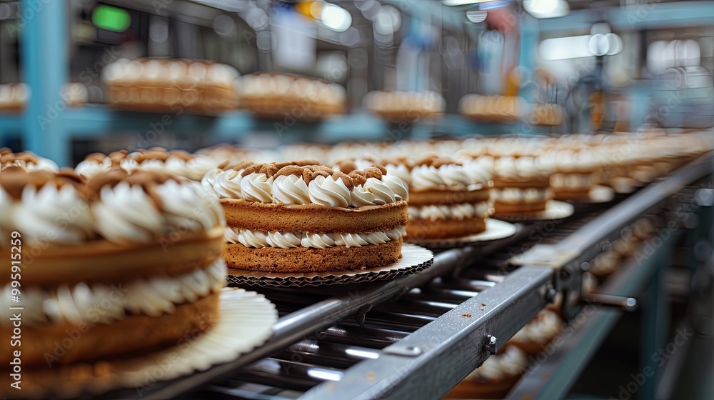 conveyor belt with cake in a food factory conveyor belt with cake in a food factory