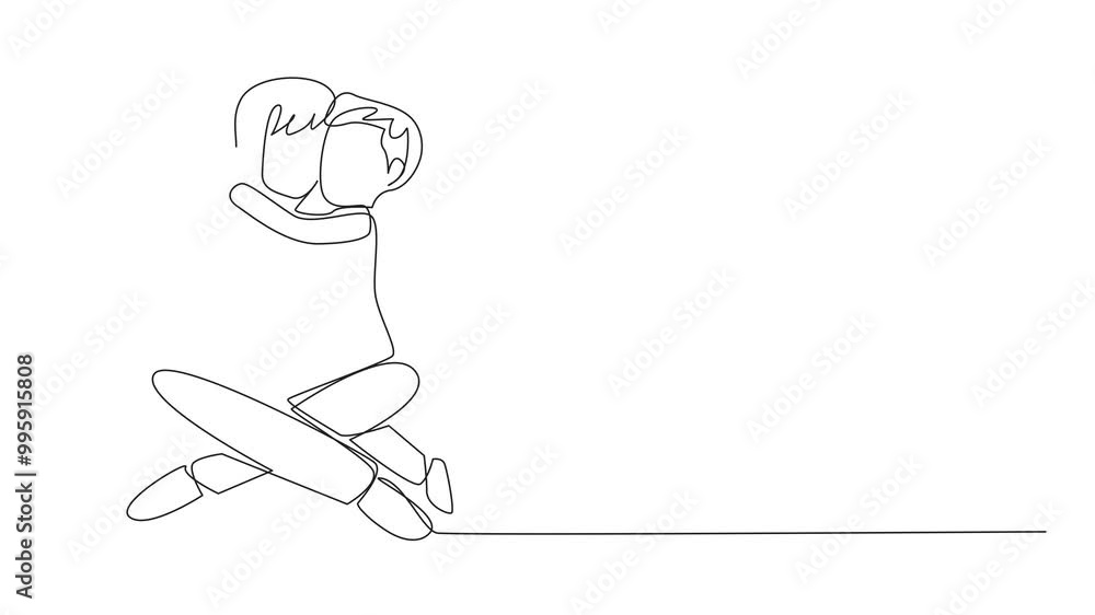 Animated self drawing of single continuous line drawing a little boy holding a bouquet of roses while hugging his mother. Expressing to beloved mom. Mother's Day. Full length single line animation