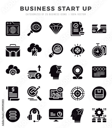 Business Start Up Glyph icons collection. 25 icon set in a Glyph design.