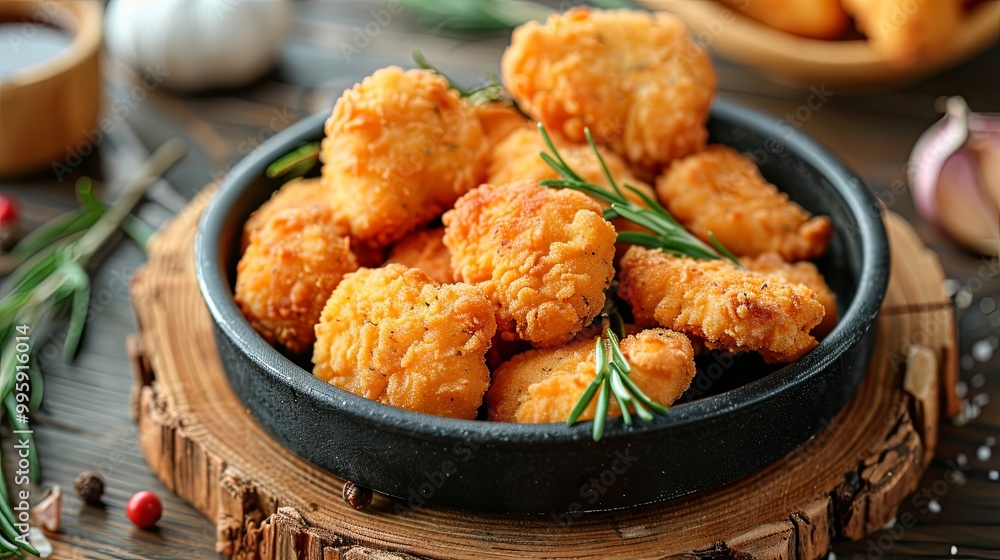 Crispy fried chicken nuggets with rosemary served in a mini pan on a wooden table background Crispy fried chicken nuggets with rosemary served in a mini pan on a wooden table background