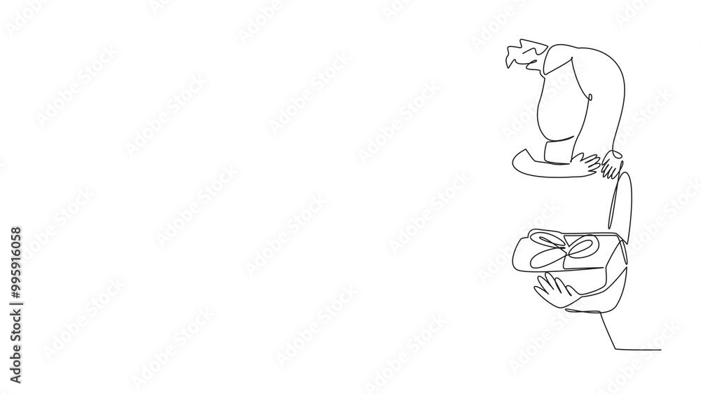 Animation of continuous line drawing a boy hugs his mother from behind while giving a gift box. Give the best gift to the best woman. Mother's Day. One line self drawing animated. Full length motion Animation of continuous line drawing a boy hugs his mother from behind while giving a gift box. Give the best gift to the best woman. Mother's Day. One line self drawing animated. Full length motion