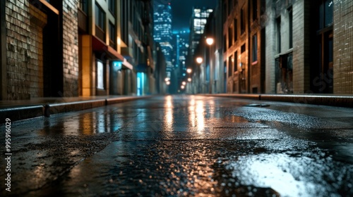 Wallpaper Mural A wet urban alley illuminated by streetlights at night, showcasing reflections on the pavement and city skyline in the background. Torontodigital.ca