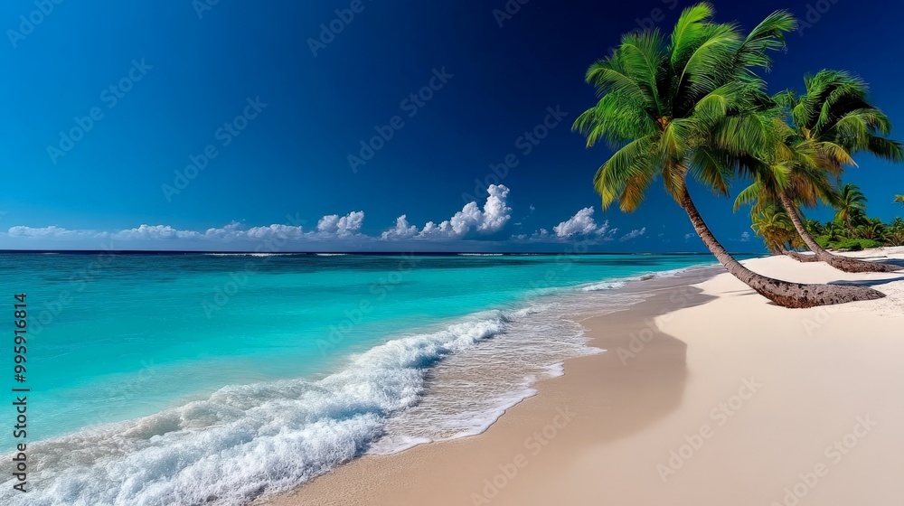 Tropical Paradise Beach Escape: Two palm trees gracefully bend over a pristine, white-sand beach, their shadows dancing on the turquoise water. The tranquil scene is enhanced by a vibrant blue sky. Tropical Paradise Beach Escape: Two palm trees gracefully bend over a pristine, white-sand beach, their shadows dancing on the turquoise water. The tranquil scene is enhanced by a vibrant blue sky.
