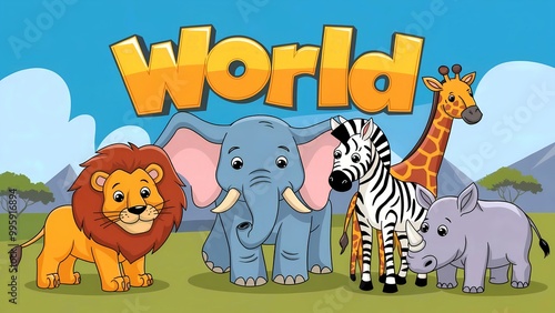 Colorful safari animals gathering. Cartoon style. Childhood adventure concept. Perfect for kids' rooms, learning materials, and educational events. Design for posters with copy space.