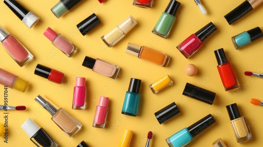 An artistic flat lay of various nail polish bottles in different shades, surrounded by nail tools like files and clippers, perfect for beauty and self-care content. An artistic flat lay of various nail polish bottles in different shades, surrounded by nail tools like files and clippers, perfect for beauty and self-care content.
