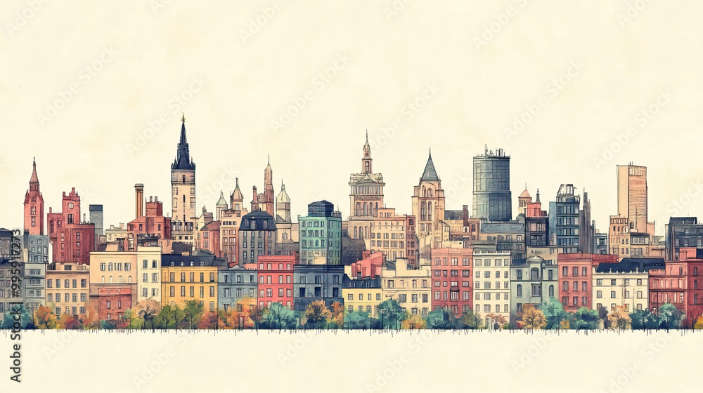 Fototapeta premium Wigan, color pen pencil hand-drawn effect drawing illustration for travel poster, card, wallpaper, backdrop or banner. Modern, clear, artistic and simple