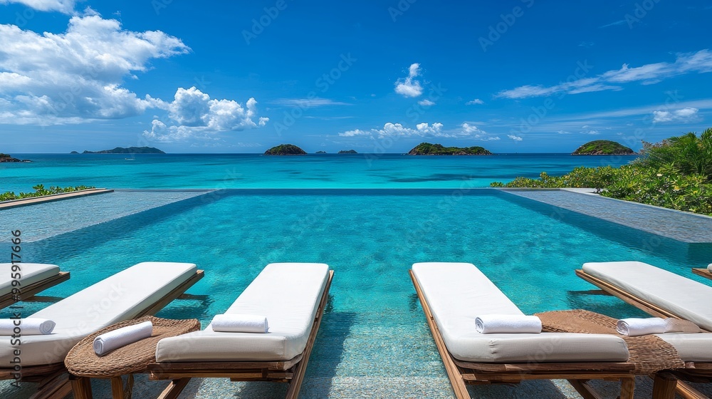 Fototapeta premium Luxury Infinity Pool, Sundecks, and Breathtaking Ocean Views, Tropical Paradise Getaway