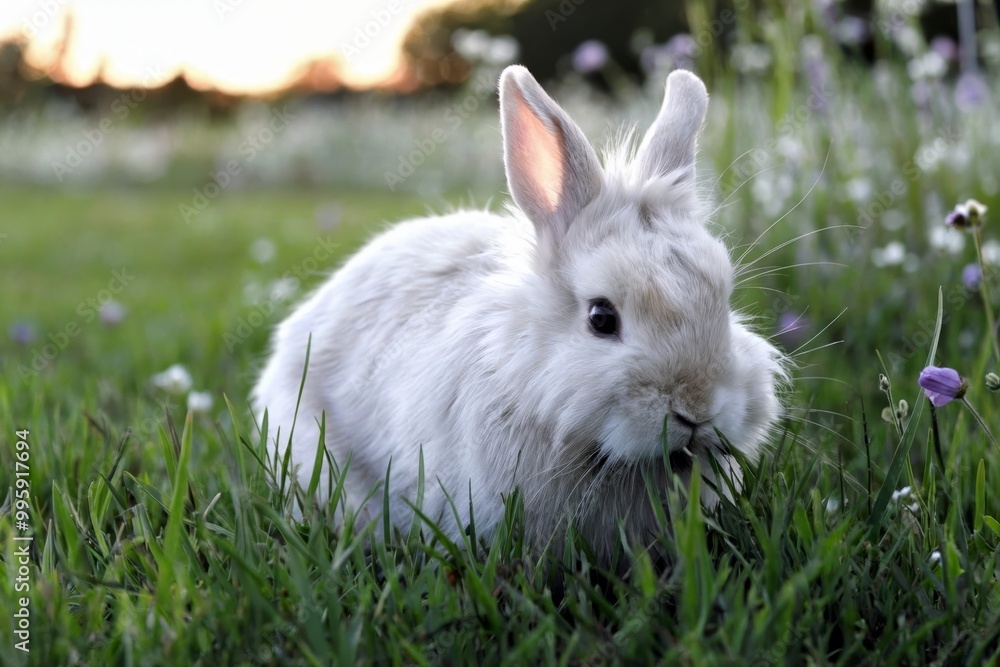 Fluffy rabbit grazing in a serene meadow at sunset Fluffy rabbit grazing in a serene meadow at sunset