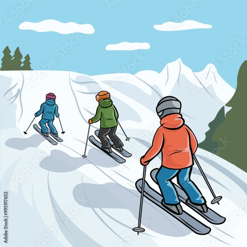 Winter mountain landscape. Vector illustration of ski resort with snowy hill Nature vacation in the mountains Skiing active recreation, healthy lifestyle, sport