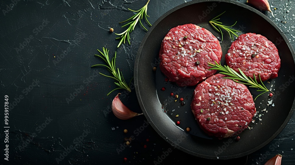 Raw burgers made from organic beef with garlic and rosemary in a frying pan on a black background, viewed from above with space for text Raw burgers made from organic beef with garlic and rosemary in a frying pan on a black background, viewed from above with space for text
