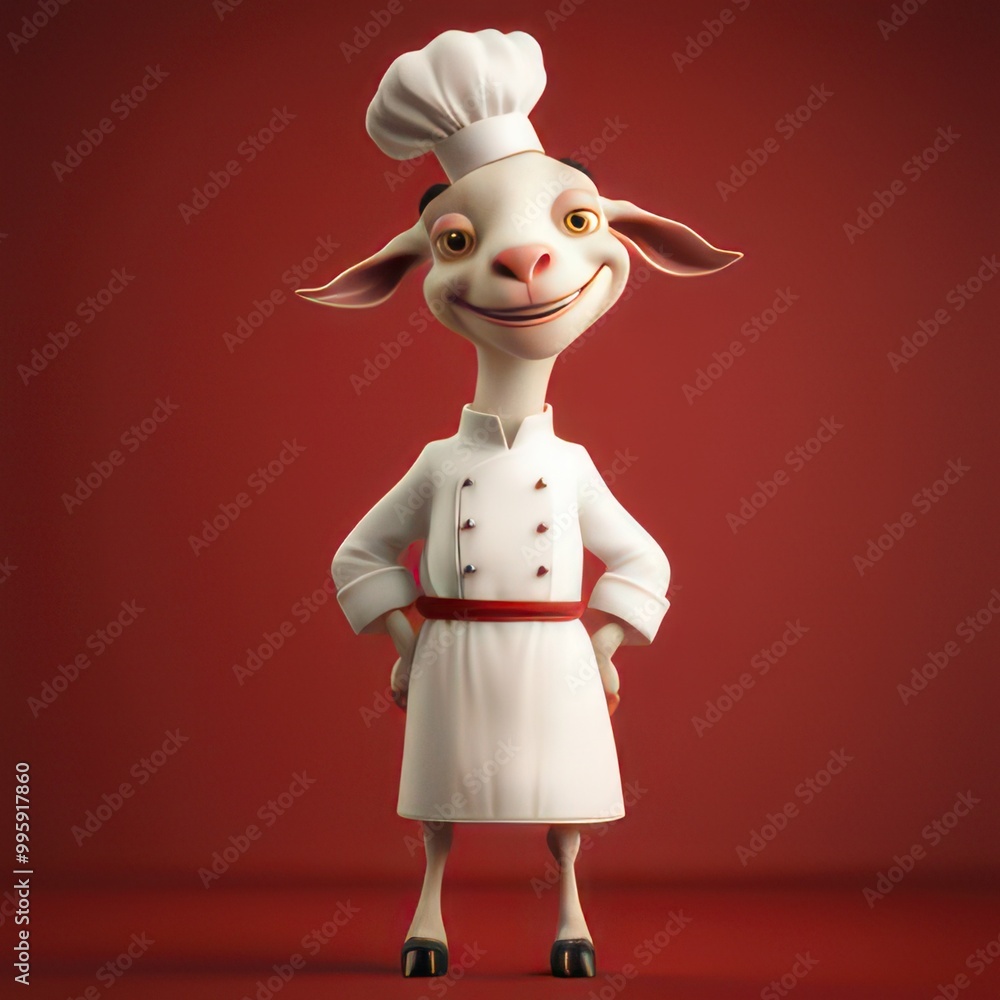 image of a 3D goat, facing forward wearing a full chef's uniform image of a 3D goat, facing forward wearing a full chef's uniform