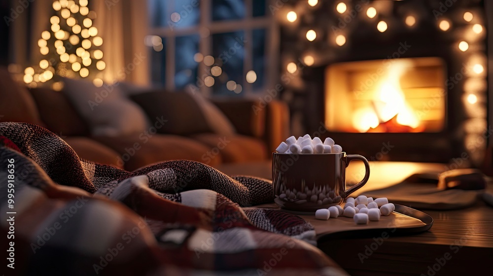 A cozy living room with a fireplace glowing warmly, blankets draped over the couch, and a hot chocolate mug with marshmallows resting on the coffee table. A cozy living room with a fireplace glowing warmly, blankets draped over the couch, and a hot chocolate mug with marshmallows resting on the coffee table.
