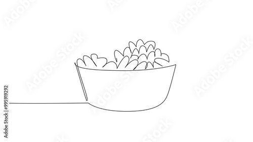 Self drawing animation of continuous line drawing stack cheese puffs in a small bowl. Crispy snack. Contains a lot of sodium. Not good for toddlers. National Cheese Doodle Day. Full length animated photo