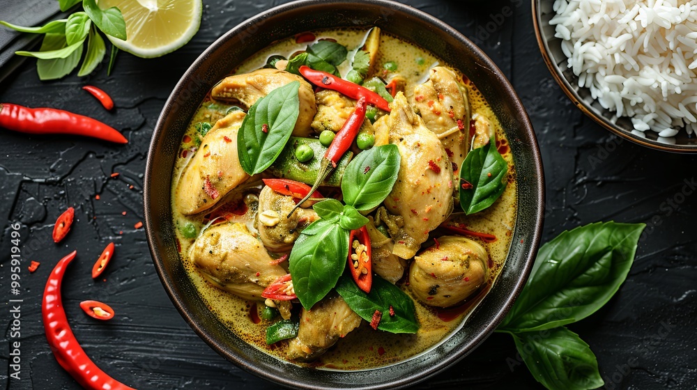 chicken green curry in a bowl. A traditional Thai dish chicken green curry in a bowl. A traditional Thai dish