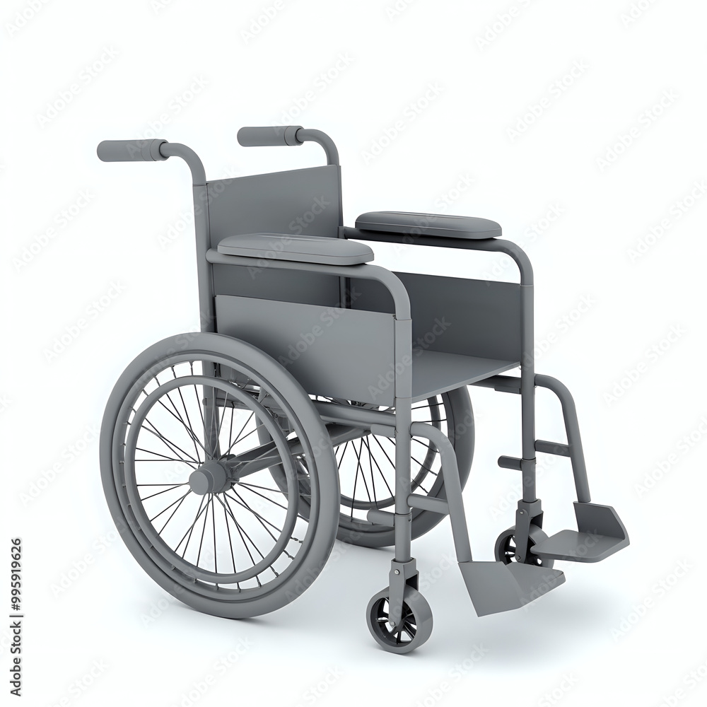 Fototapeta premium A 3D image of an empty wheelchair, isolated on a white background, symbolizing mobility assistance and healthcare equipment for disabled or elderly individuals