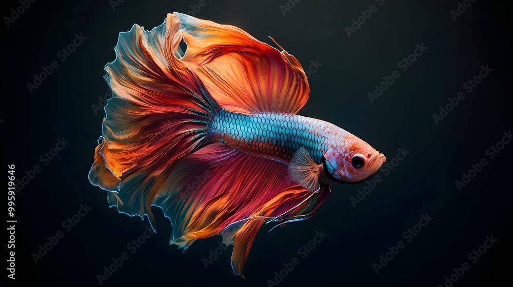 Beautiful, colorful betta fish on a black background, with dynamic movement Beautiful, colorful betta fish on a black background, with dynamic movement