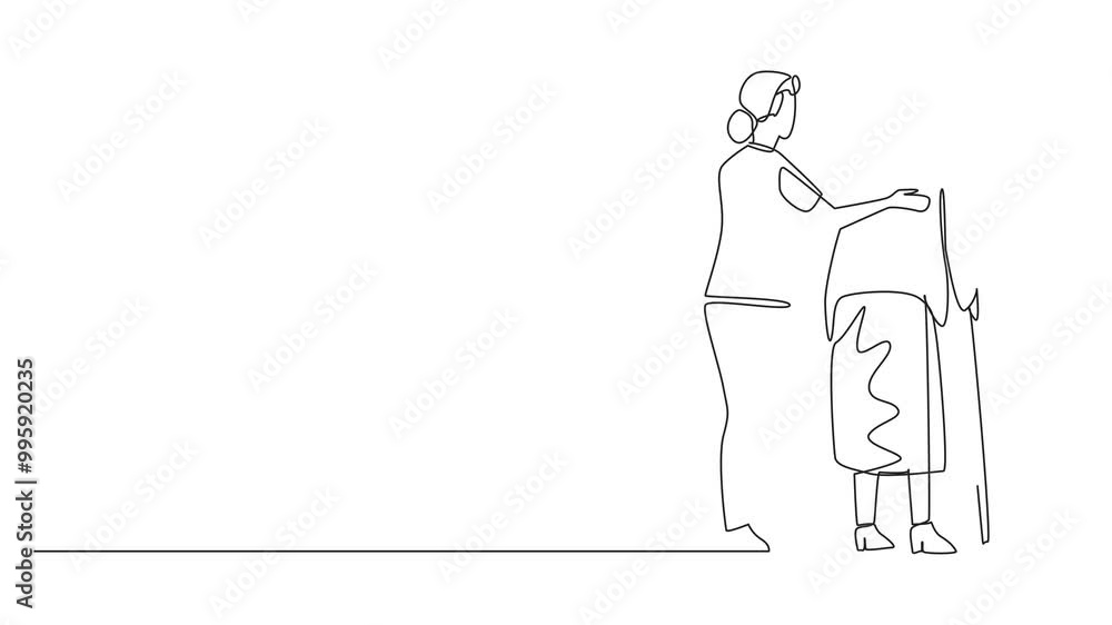 Animated self drawing of continuous line drawing back view, caregiver woman guiding old grandmother walking. A stick is a walking aid. Caregiver Appreciation Day. Full length single line animation Animated self drawing of continuous line drawing back view, caregiver woman guiding old grandmother walking. A stick is a walking aid. Caregiver Appreciation Day. Full length single line animation