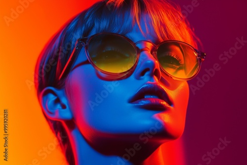 Bold Woman in Sunglasses with Neon Lighting