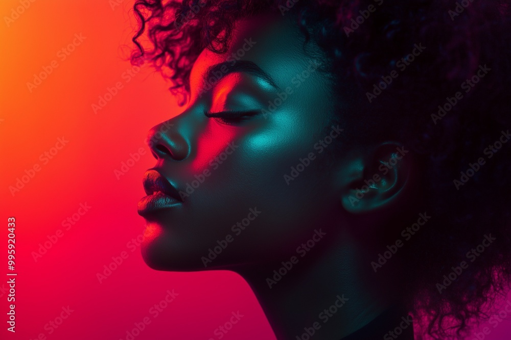 Profile of Woman in Neon Lighting with Curly Hair Profile of Woman in Neon Lighting with Curly Hair
