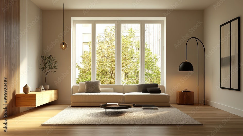 Fototapeta premium Cozy Modern Living Room with Abundant Natural Light and Comfortable Seating Arrangement