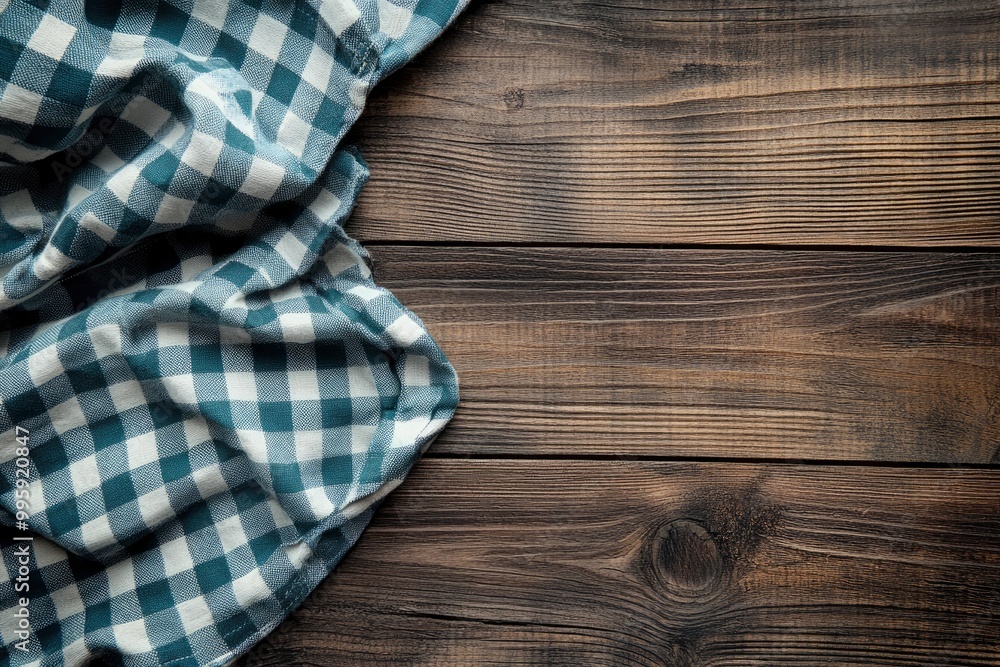 checked tablecloth at wooden background with generative ai checked tablecloth at wooden background with generative ai