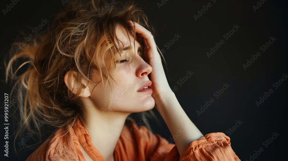 Obraz premium Portrait of a Woman Feeling Stressed and Overwhelmed â€“ Emotion and Mental Health Concept Photograph