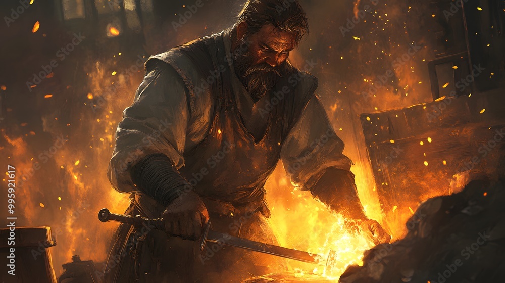 30. A rugged blacksmith forging weapons in a glowing forge, sweat glistening on his brow 30. A rugged blacksmith forging weapons in a glowing forge, sweat glistening on his brow