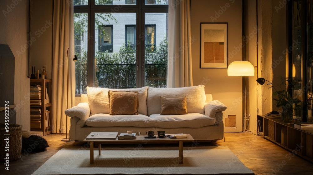 A compact studio apartment with cozy seating, soft lighting, and neutral-toned furnishings creating a warm atmosphere. A compact studio apartment with cozy seating, soft lighting, and neutral-toned furnishings creating a warm atmosphere.
