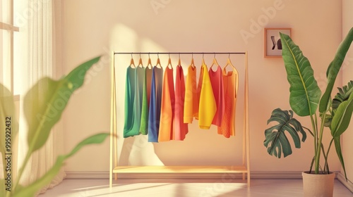 A cozy, modern dressing room with a clothes rack displaying vibrant clothing, against a backdrop of neutral decor.