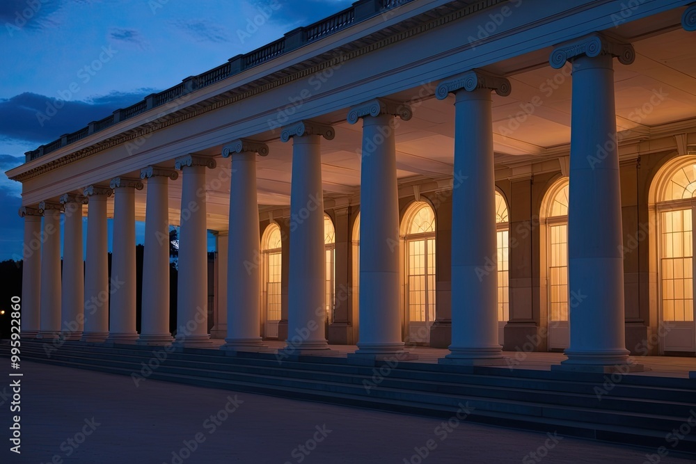 Elegant Neoclassical Colonnades bathed in Soft Dusk Light Elegant Neoclassical Colonnades bathed in Soft Dusk Light