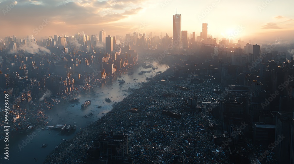 Naklejka premium A futuristic city skyline overshadowed by towering piles of waste, postapocalyptic vision of a polluted world