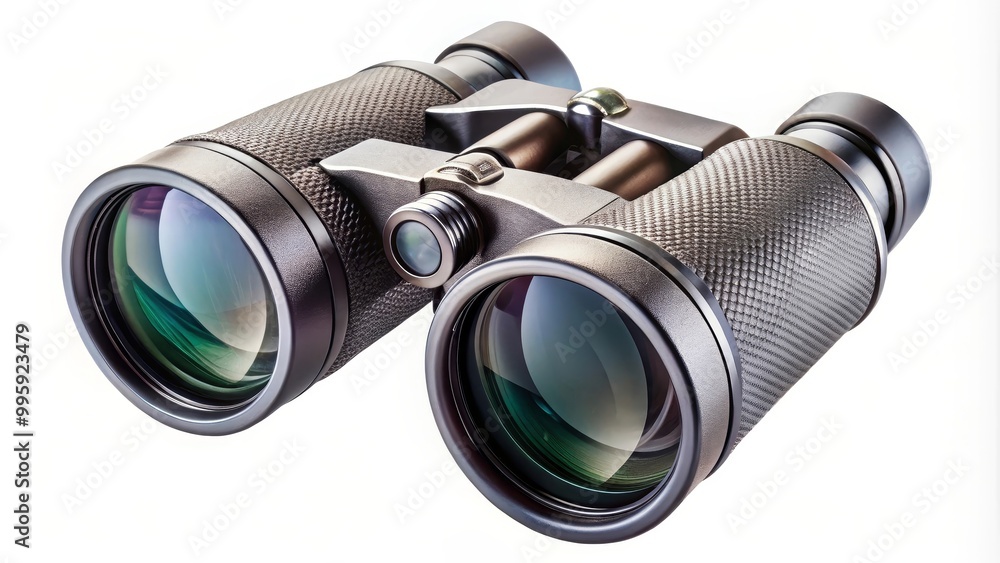 Classic metallic binoculars with textured grip are focusing on something interesting Classic metallic binoculars with textured grip are focusing on something interesting