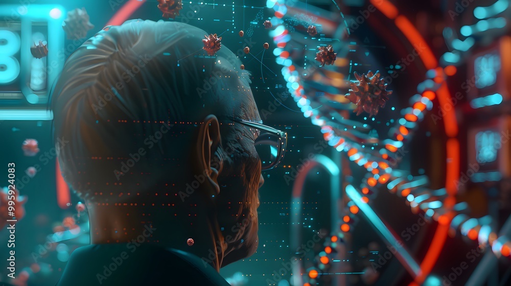 Dedicated scientist analyzing DNA sequences on advanced digital display for groundbreaking cancer research. Innovative laboratory equipment and detailed medical charts support complex genetic studies Dedicated scientist analyzing DNA sequences on advanced digital display for groundbreaking cancer research. Innovative laboratory equipment and detailed medical charts support complex genetic studies
