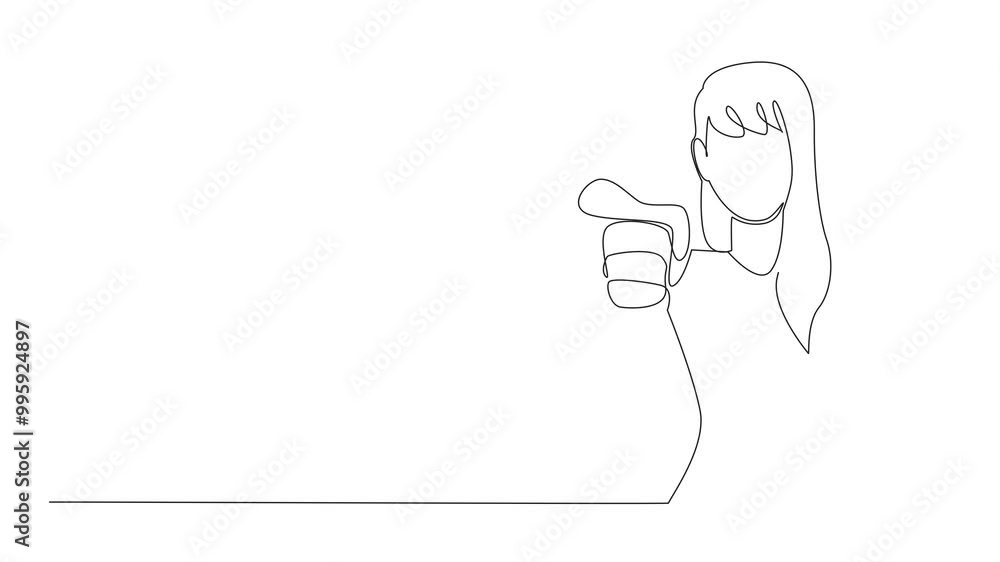 Self drawing animation of single line drawing a woman in casual clothes smiles points forward. Expression of satisfaction. Inviting success together. Achieving desired success. Full length animated Self drawing animation of single line drawing a woman in casual clothes smiles points forward. Expression of satisfaction. Inviting success together. Achieving desired success. Full length animated