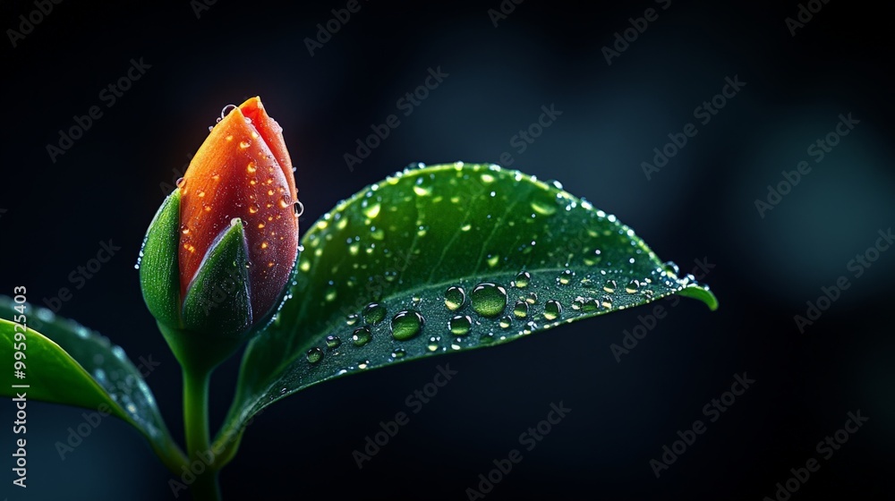 Dew-Kissed Dawn: A vibrant orange flower bud, poised to bloom, glistens with morning dew on a lush green leaf against a dark background. A captivating close-up image of nature's delicate beauty. Dew-Kissed Dawn: A vibrant orange flower bud, poised to bloom, glistens with morning dew on a lush green leaf against a dark background. A captivating close-up image of nature's delicate beauty.