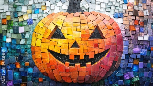 A playful Halloween mosaic with rainbow and white tiles forming a jack-o-lantern, combining festive spookiness with cheerful photo