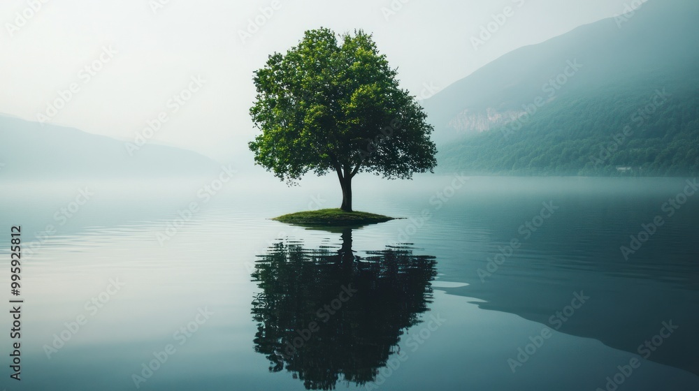 Solitary Tree on an Island in a Misty Lake Solitary Tree on an Island in a Misty Lake