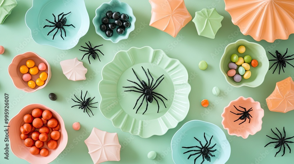 A soft green Halloween table setup with pastel-colored dishes, spider-shaped napkins, and colorful candy bowls arranged for a festive feel. A soft green Halloween table setup with pastel-colored dishes, spider-shaped napkins, and colorful candy bowls arranged for a festive feel.
