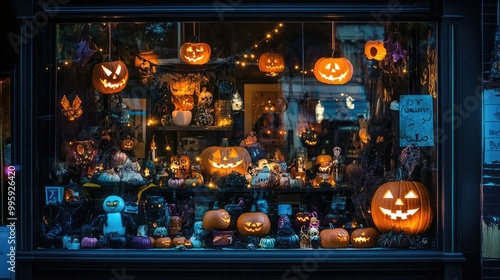 Charming Halloween window display with creative decorations, festive lights, and a whimsical feel for a delightful look