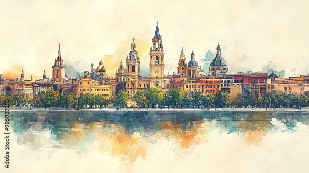 Obraz premium Zaragoza, Spain, color pen pencil hand-drawn effect drawing illustration for travel poster, card, wallpaper, backdrop or banner. Modern, clear, artistic and simple