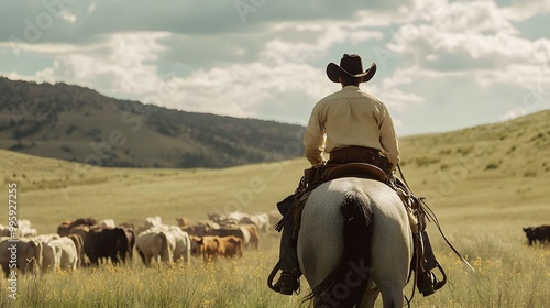 20. A rugged cowboy on horseback, rounding up cattle across a vast prairie