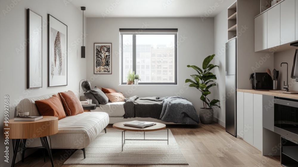 Minimalist studio apartment with a small living area, featuring a comfortable couch, coffee table, and wall art. Minimalist studio apartment with a small living area, featuring a comfortable couch, coffee table, and wall art.