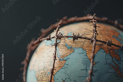 Globe wrapped in barbed wire, symbolizing conflict and division in the world. photo