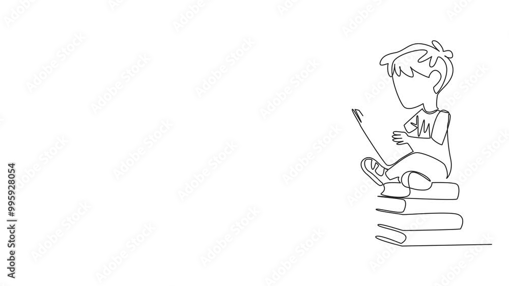Animation of one line drawing boy sitting relaxed reading on a pile of ...