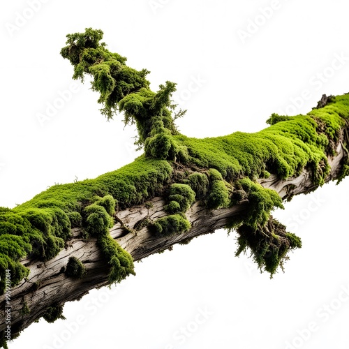 Rotten Wooden Branch Covered with Green Moss Isolated on White Background photo