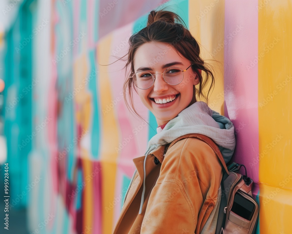 Vibrant Smiling Woman in Casual Urban Setting Portrait - Colorful Street Fashion Photography for Lifestyle and Blogging Use Vibrant Smiling Woman in Casual Urban Setting Portrait - Colorful Street Fashion Photography for Lifestyle and Blogging Use