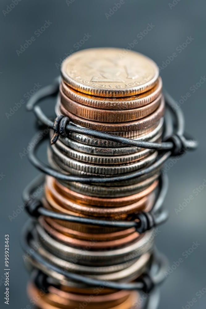 Stack of coins wrapped with wire on a dark background. Stack of coins wrapped with wire on a dark background.