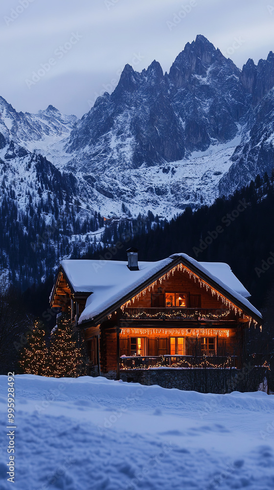 Fototapeta premium Christmas Eve in an Alpine Chalet with Mountain Views and Festive Lights